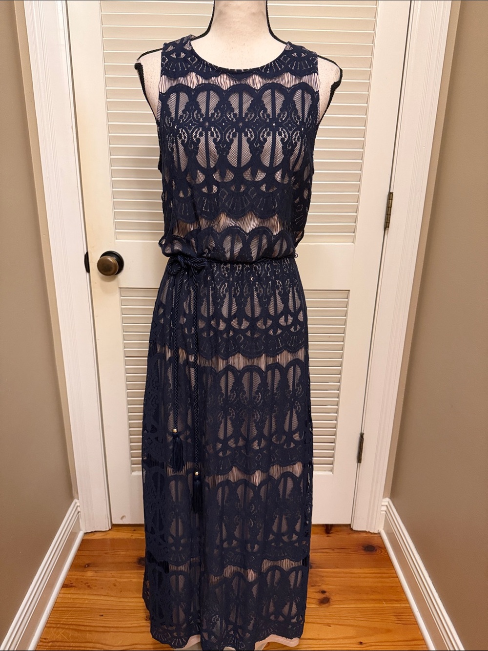 Jessica Howard Sleeveless Maxi Dress, Navy And Tan, Size 14, EUC